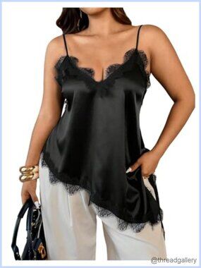 Plus Size Satin Camisole Top Lace Trim V Neck Asymmetrical Silky Cami